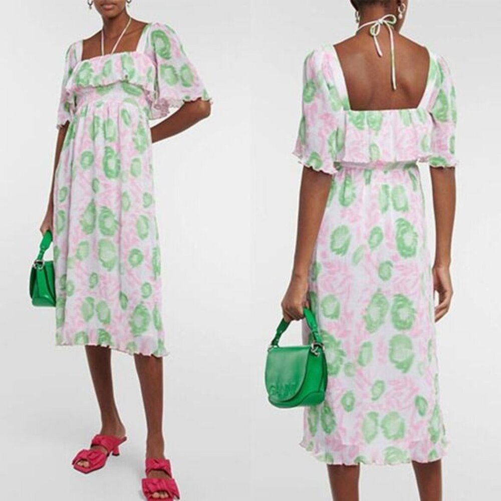 NWT Ganni Georgette Pleated Square Neck Shirred Green/Pink Midi Dress Size: 6